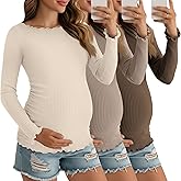 Sweetyweee 3 Pack Women's Maternity Ribbed Shirts Cotton Long Sleeve Pregnancy Tops Lettuce Trim Side Ruched Tees Clothes