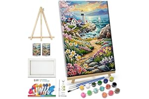 JOOZ Landscape Panit by Numbers for Adults Beginner with Frame Lighthouse Paint by Number on Canvas with Easel DIY Acrylic Painting for Ideal Gift Home Wall Decor 7.87x11.81 Inch