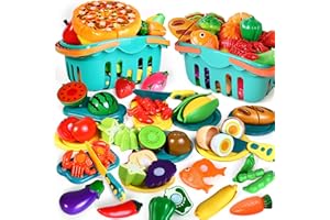 BAODLON 100 Pcs Play Food Set for Kids Kitchen, Pretend Food Toy for Toddlers Age 1-3, Plastics Cutting Fake Food/ Fruit/ Vegetable Accessories with 2 Baskets, Birthday Gifts for 2 3 4 5 Years Old Boys Girls