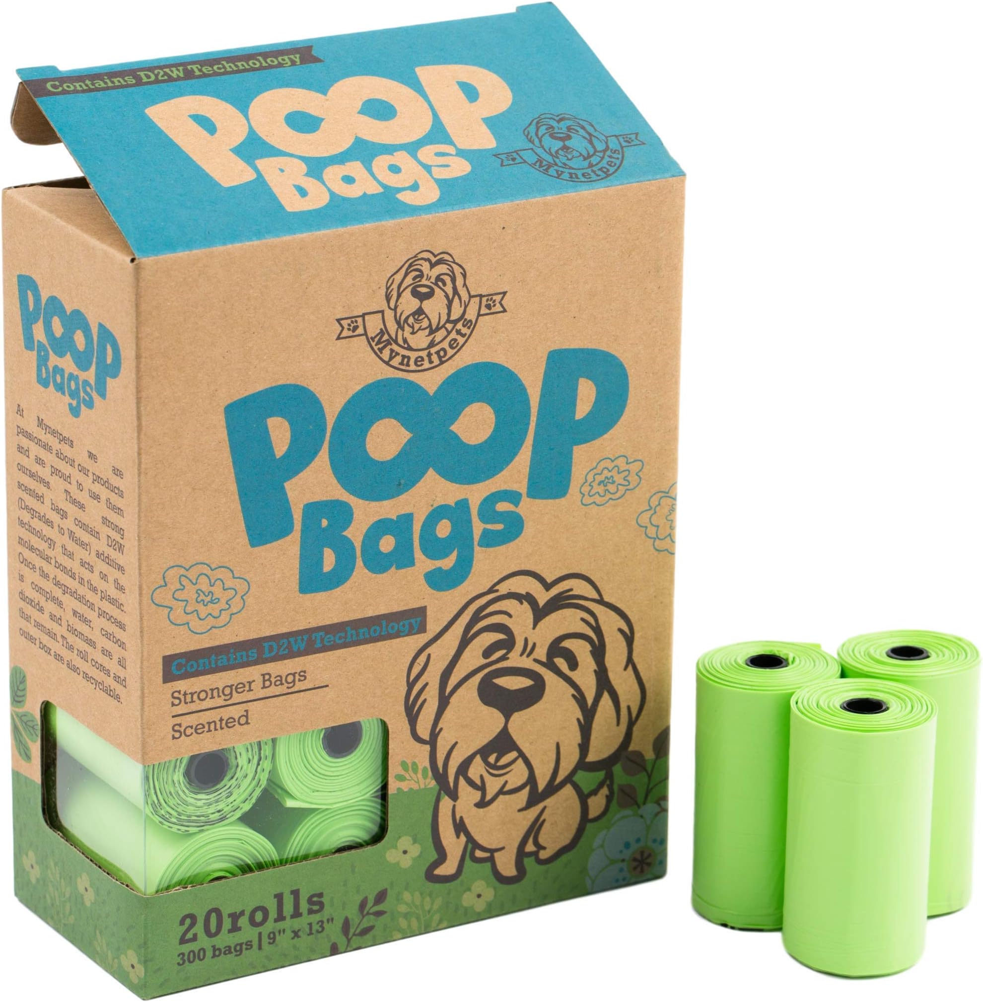 Mynetpets Dog Poo Bags - 300 Poo Bags per Pack - Lemon Scented biodegradable poop bags with D2W Technology - Extra Thick, Strong and Leak-Proof Poop Scoop Bags