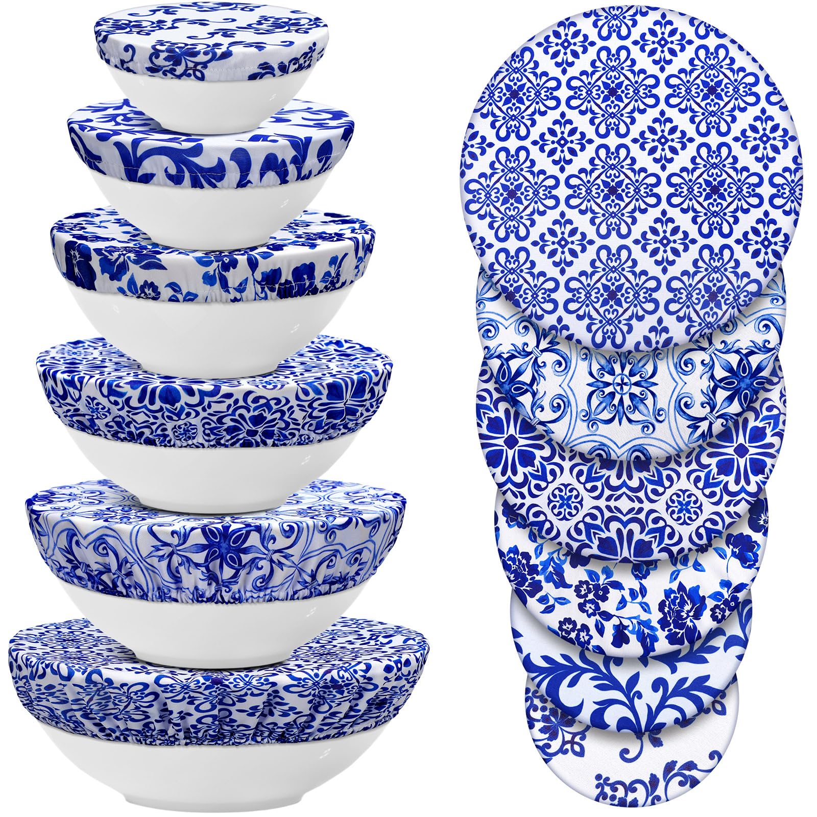 Photo 1 of CHENGU 12 Pcs Reusable Bowl Covers Bulk 5 Size Elastic Cloth Fabric Bowl cover for Bread Proof Rising Sourdough Dish Food Stretchy Storage(Blue Ceramic Style,Blue)