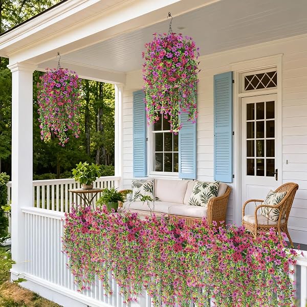 ARTIFICIAL HANGING FLOWERS FOR OUTDOORS, 2 PCS FAKE HANGING PLANT SPRING SUMMER DECOR, UV RESISTANT NO FADE REALISTIC FAUX FLOWER FOR FRONT DOOR PORCH PLANTER PATIO GARDEN YARD(LIGHT PURPLE RED)