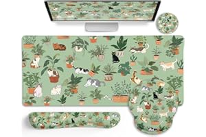 LIMKRIAN Cat Mouse Pad XXL Desk Mat Set, Green Ergonomic Mouse Pad with Wrist Rest, Large Gaming Mousepad Wrist Support Keybo