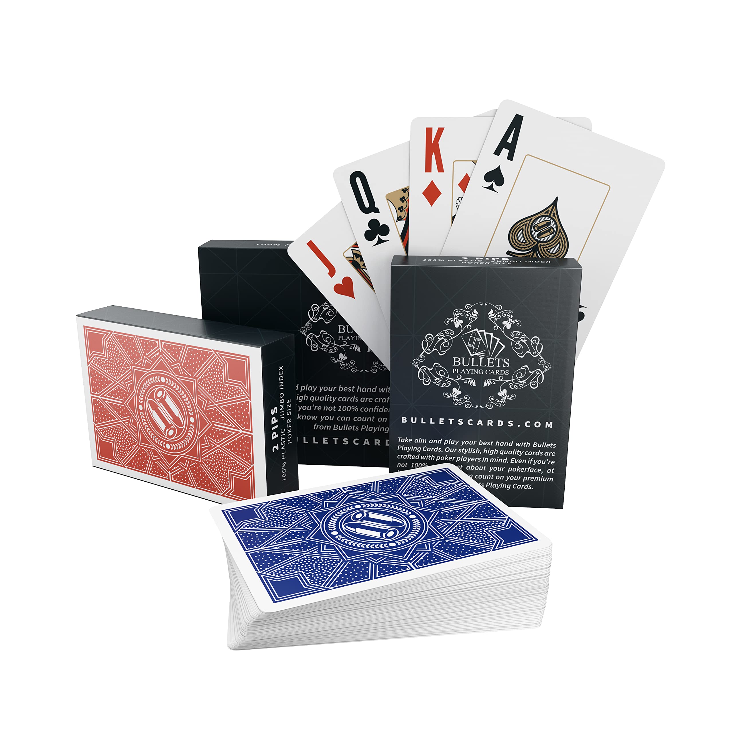 Bullets Playing Cards, 2 x waterproof Paulie design plastic poker cards, deluxe card game with jumbo index for Texas Holdem poker (2 pips)