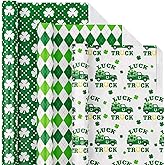LeZakaa St. Patrick's Green Wrapping Paper Roll, Lucky Four-Leaf Clovers, Argyle Diamonds, Vintage Trucks Loaded with Shamrocks & Horseshoes for Gift Wrap, DIY Crafts, 17 x 120 inches, 3 Rolls