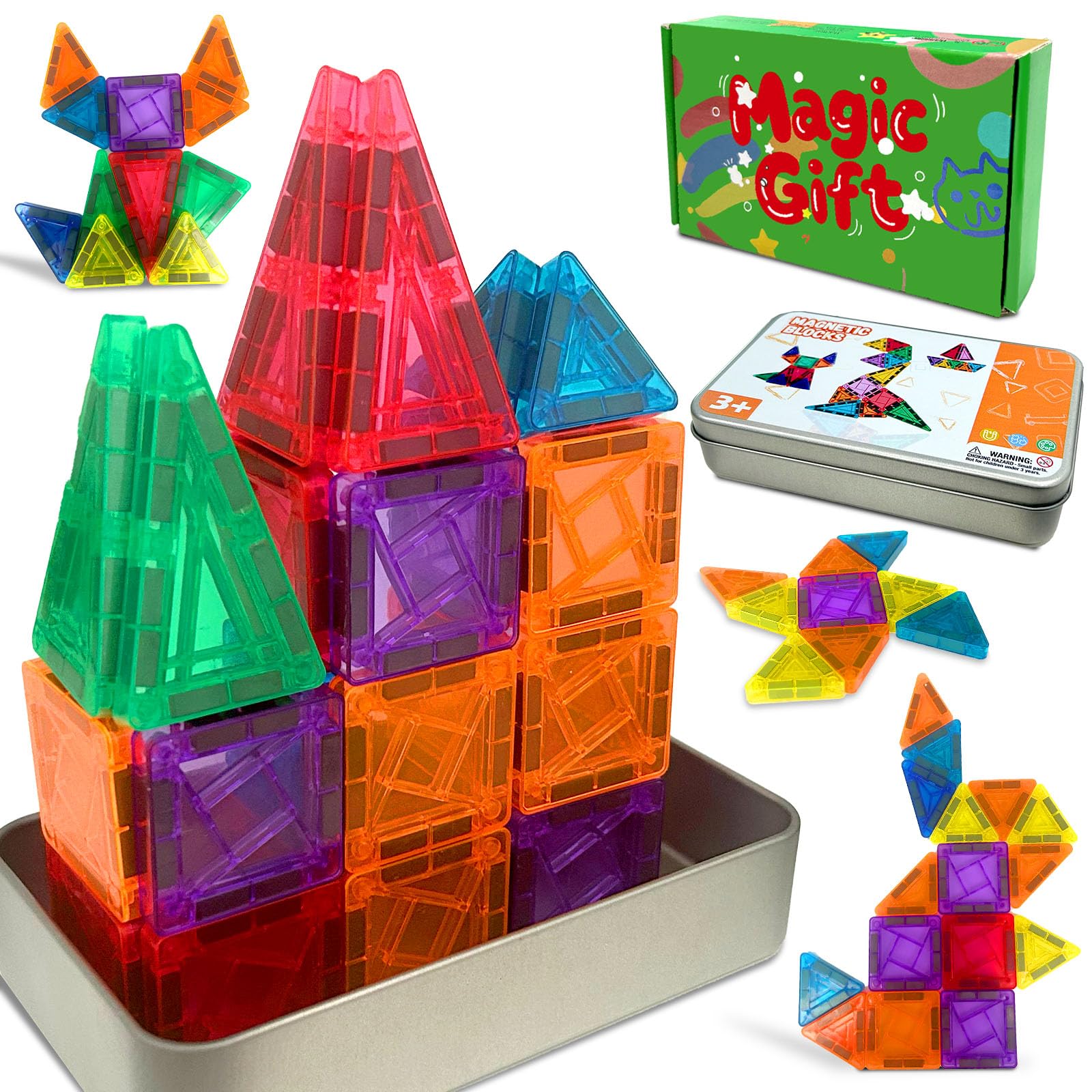 Juvanovo Magnetic Tiles for Kids, 36pcs Portable Travel Magnetic Tile with Iron Box, Magnetics Shapes, Mini Magnetic Tiles, Fun STEM Toys for Boys and Girls