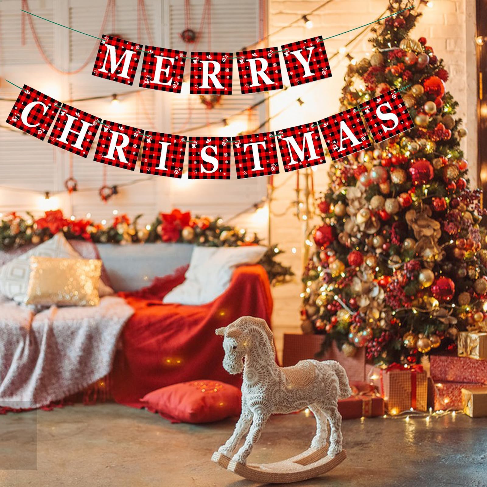 Christmas Vintage Decorations Banners - 6.5FT Double-Sided Red Merry Xmas Sign with 12Pcs Letter for Xmas Vintage Tree Banner Sign for Indoor Bedroom Fireplace Mantel Home Door Retro Decor