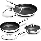 KOKHUB Nonstick Frying Pans with Lids, 8", 10", 12" Titanium Ceramic Tri-Ply Stainless Steel Skillet Set, Non-Toxic, PFAS/PFOA/PTFE Free, Dishwasher & Oven Safe, Induction Compatible