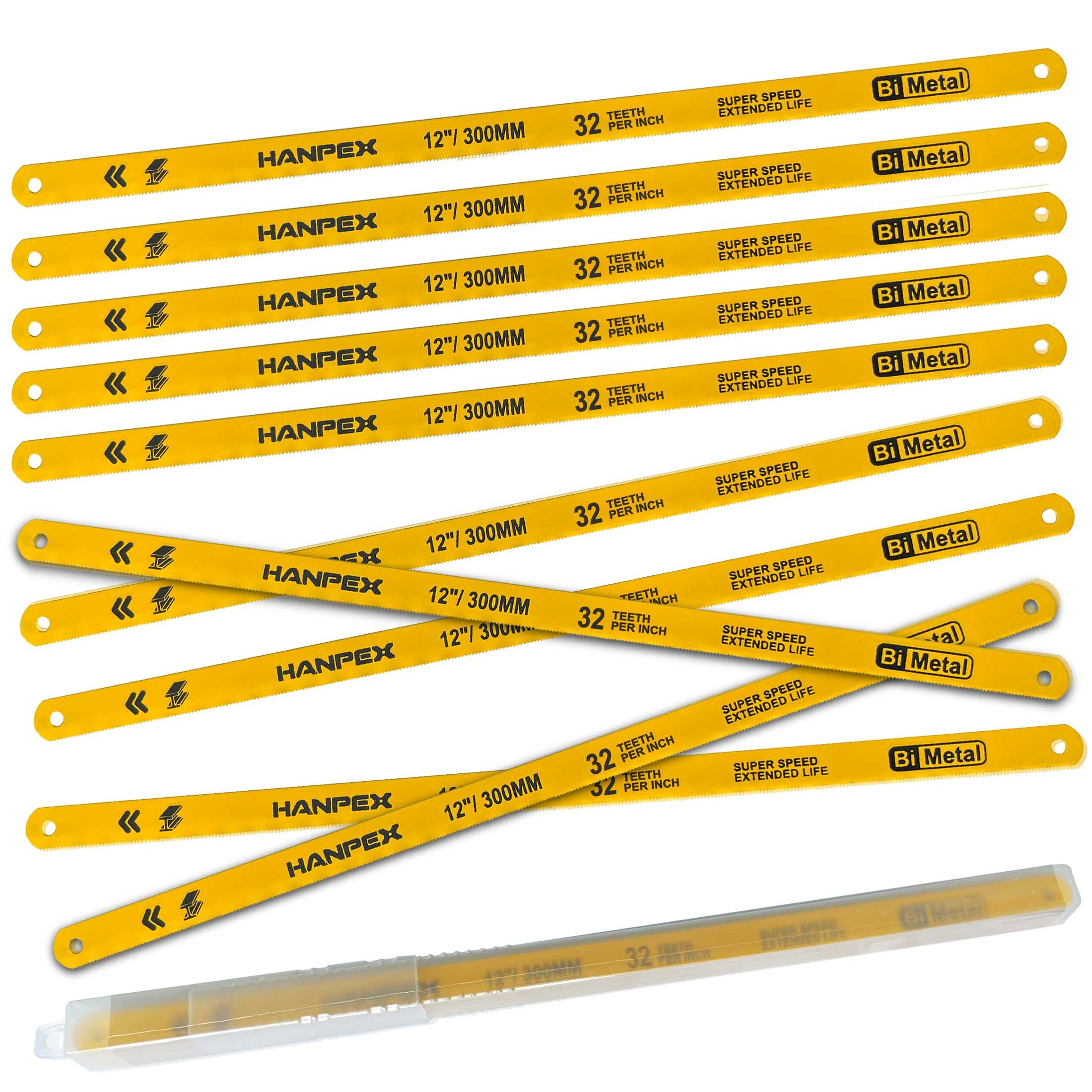 Hanpex 300mm Hacksaw Replacement Blades (10 Pack) High Speed 32 TPI - 12" Length Hack Saw Blade - Bi-Metal HSS Cutting Blades