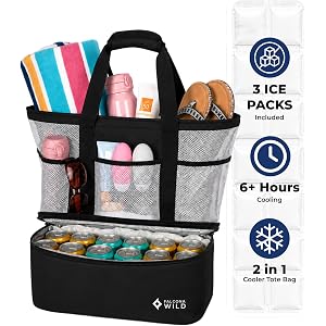 Beach Bag with Cooler Compartment Plus 3 Ice Packs – Insulated Pool Cooler | Keeps Drinks Cold for 6+ Hours, Breathable Mesh,