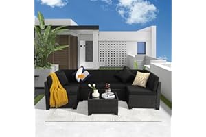 LOUVIXA 7 Piece Outdoor Patio Furniture Set, Outdoor Sectional Furniture, Rattan Chairs Glass Table Wicker Conversation Seating Sectional Sofa with Cushions (A-Black-Black, A-Tilted Back)