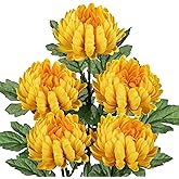 Hollyone 5Pcs Fake Mums Flowers Yellow Artificial Chrysanthemum Flowers Silk 22.8inch Long Stem Floral Arrangements Bouquets Faux Spider Mum Flower Pincushion Flower Bush Spring Home Decor
