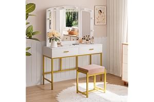Semiocthome Makeup Vanity Desk with Mirror and Lights, White Vanity Dressing Table Set with 2 Drawers and Stool, Girls Vanity Set with 10 LED Lights for Bedroom