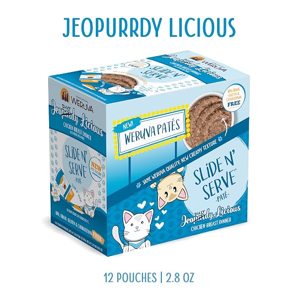 WERUVA SLIDE N’ SERVE PATÉ WET CAT FOOD, JEOPURRDY LICIOUS CHICKEN DINNER, 2.8OZ POUCH (PACK OF 12)