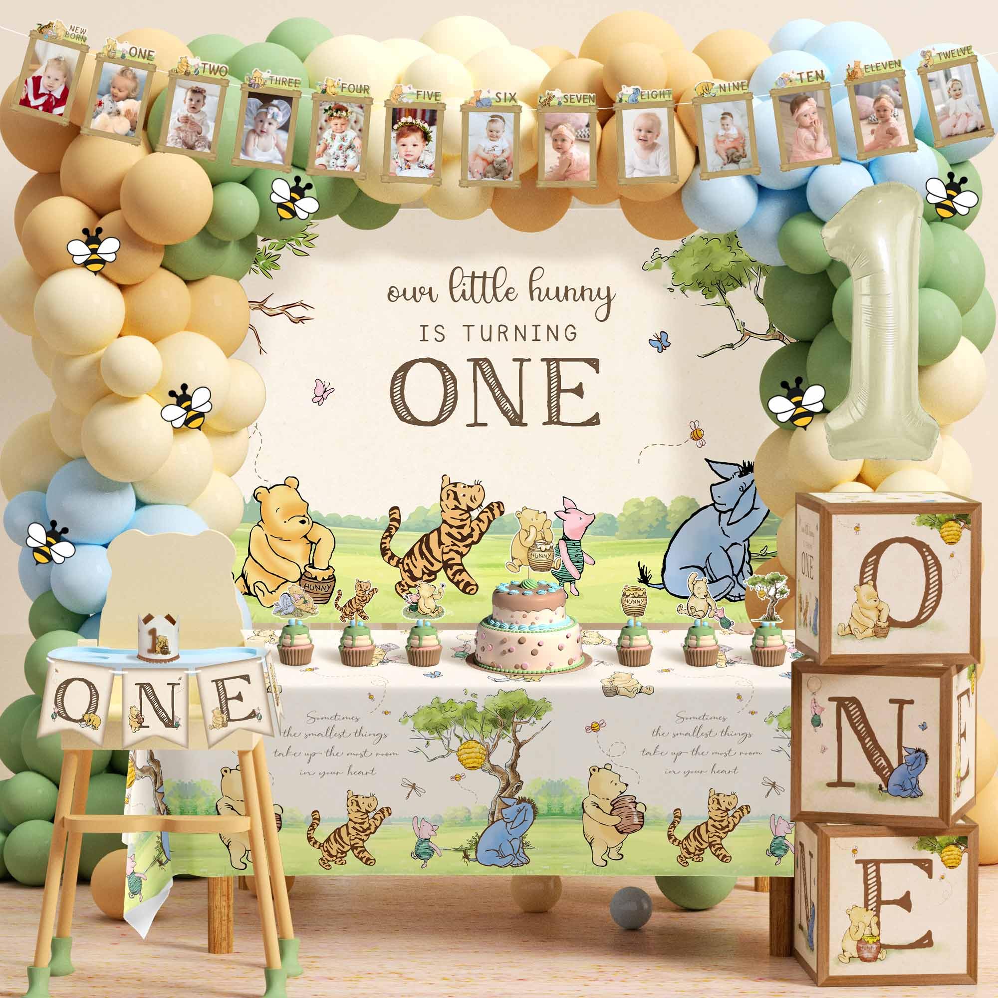 Photo 1 of 154pcs Winnie Pooh First Birthday Decorations Party Set, Classic Pooh Bear 1st Birthday Month Banner, High Chair Banner, ONE Box, Balloon Arch, Crown, Tablecloth, Backdrop, Cake Toppers and Stickers