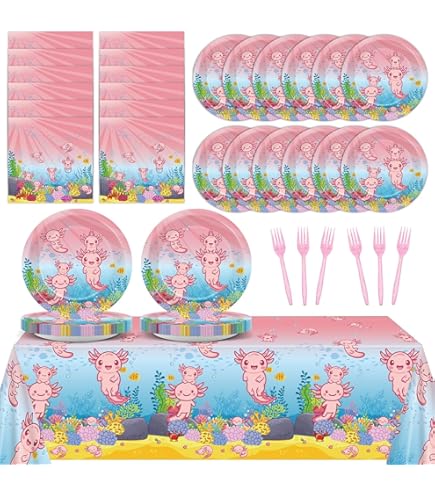 Obussgar Axolotl Roze Dragees voor verjaardagsfeest - Axolotl feestaccessoires inclusief banner, borden, taarttoppers, bekers, servet, luchtballon, tafelkleed - voor 20 personen (LQ