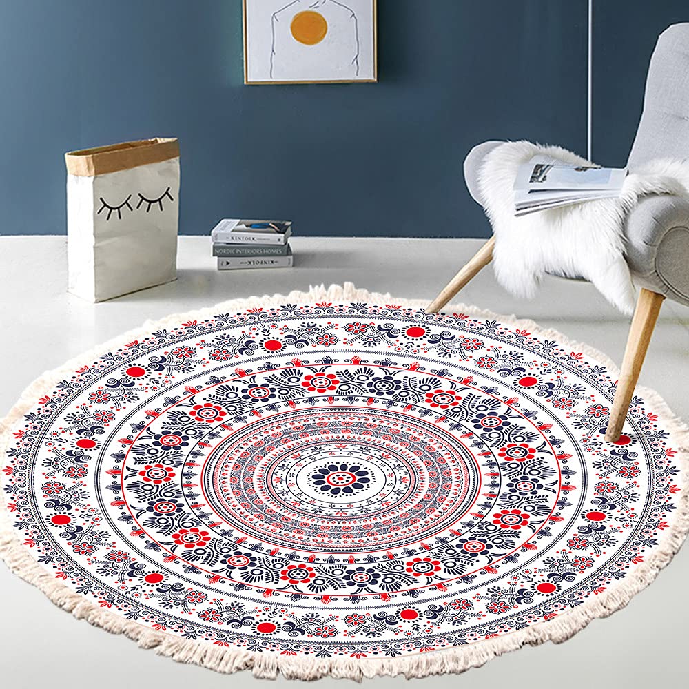 Vintage Boho Cotton Rugs, Mandala Pattern, Washable Hand Woven Bohemian Round Rug with Tassels for Bedroom, Hallway, Living Room, Coffee Table, Doormats, Machine Washable, 60 cm, Flowers #3 — image 1