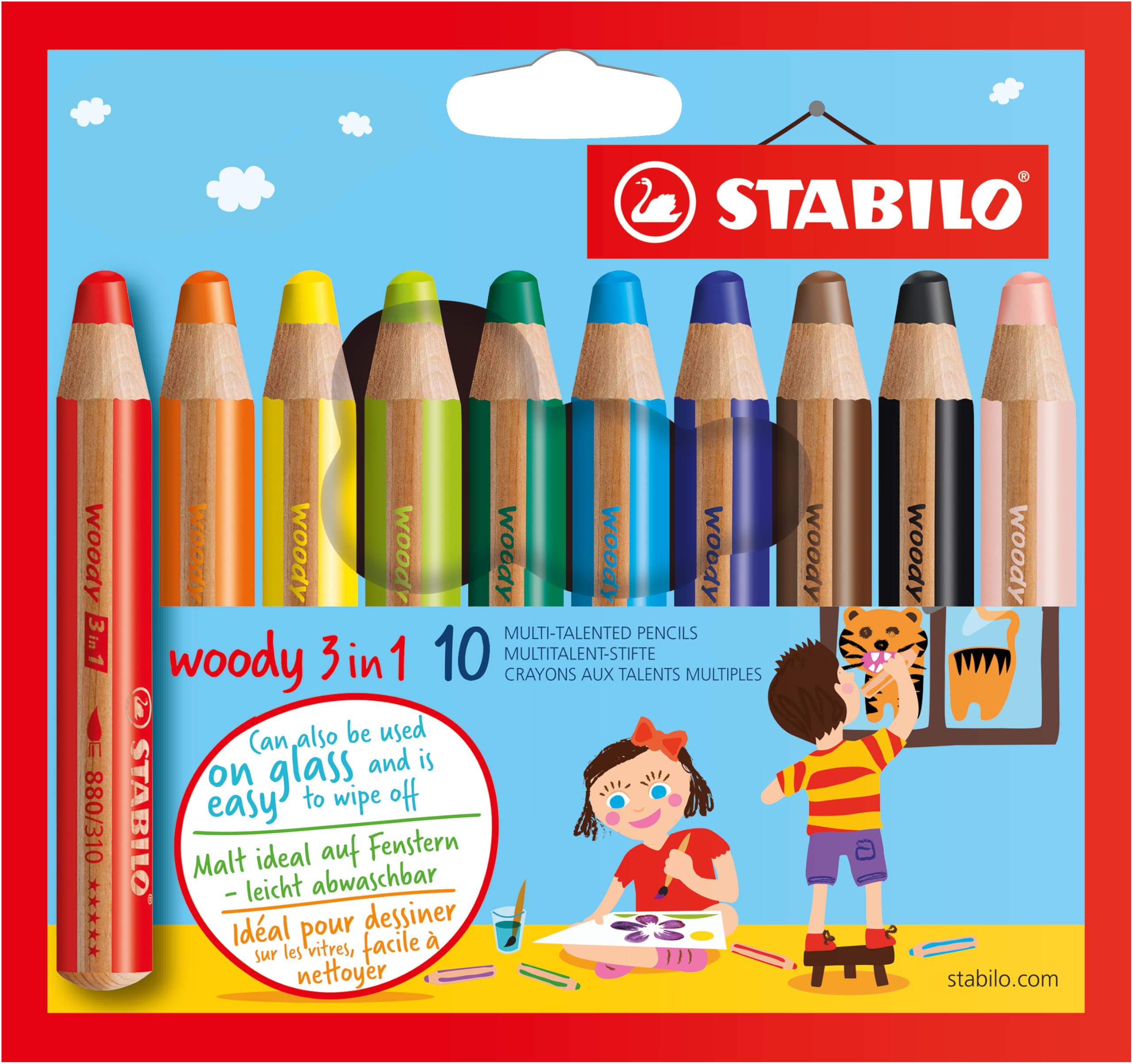 STABILO woody 3-in-1 - Multi-Talented Pencil - Pack of 10 - Assorted Colours