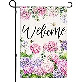 Welcome Spring Summer Garden Flag 12x18 Inch Double Sided Colorful Floral Hydrangea Bee Seasonal Small Burlap Garden Flags for Porch, Patio, Lawn, Farmhouse, Holiday Decoration