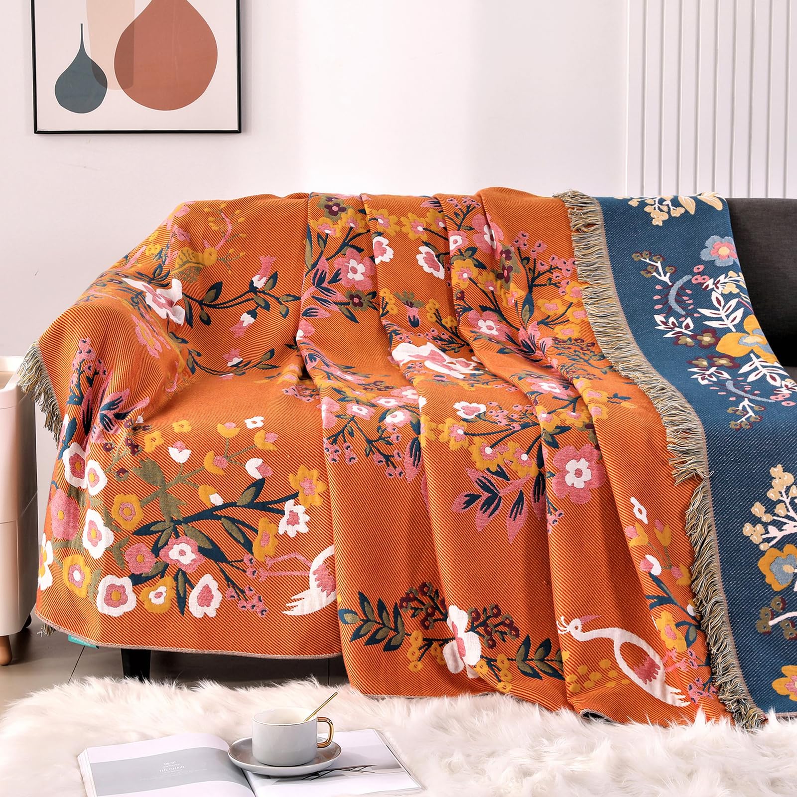 DECMAY Double-sided Throws for Sofas Large, Boho Sofa Throw Blanket with Tassels, 100% Organic Cotton Sofa Throws Large 2 3 4 seater for Bed Armchair and Couch,Orange,150x200CM(60×80In)