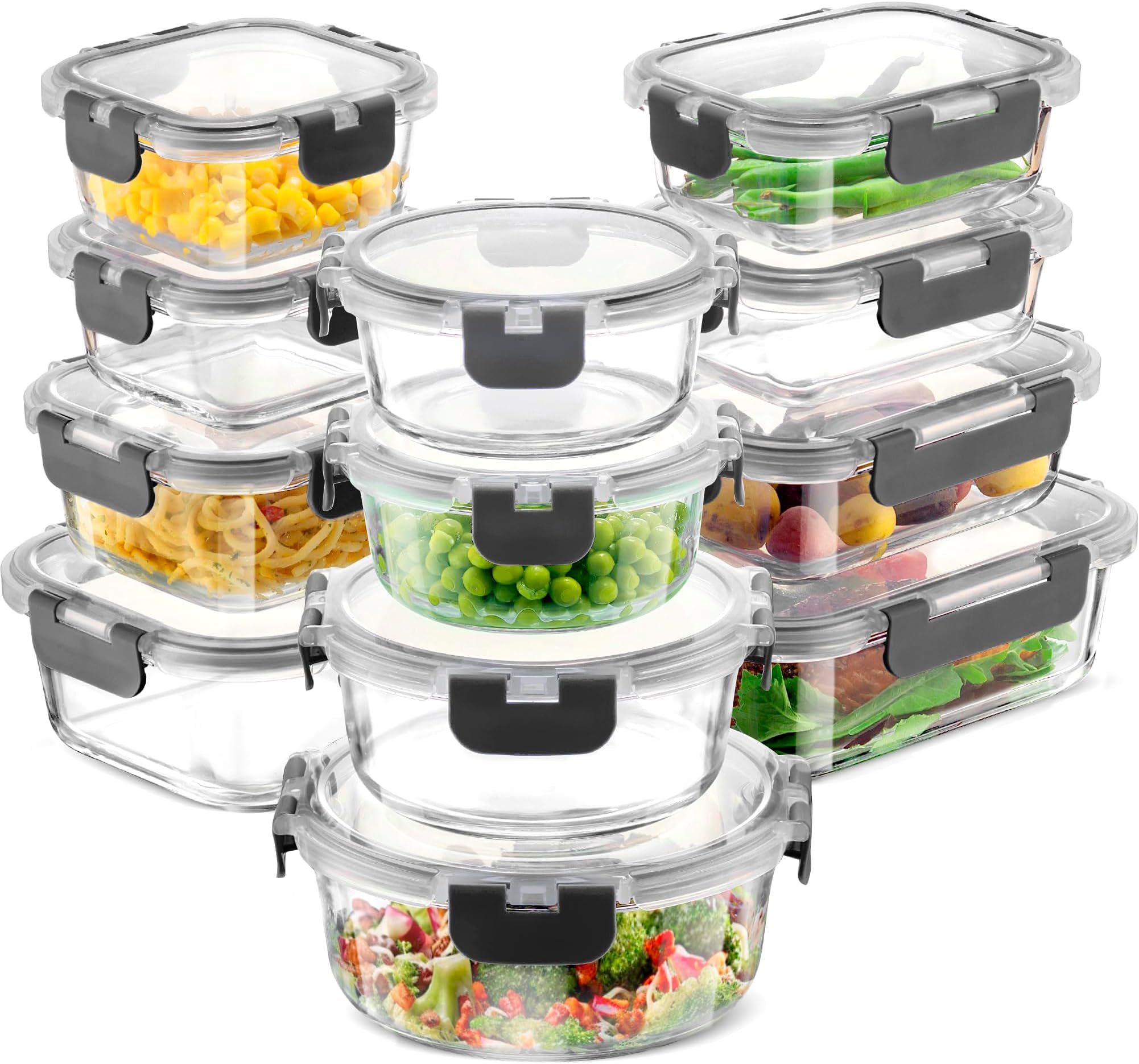 Photo 1 of FineDine 24 Piece Glass Storage Containers with Lids - Leak Proof, Dishwasher Safe Glass Food Storage Containers for Meal Prep or Leftovers, Gray