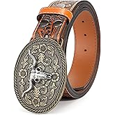 SANSTHS Western Cowboy Belt for Men Bull Buckle Belt Womens Western Floral Engraved Leather Belts for Jeans