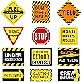 Blulu 12 Pack Construction Party Signs Construction Themed Party Decorations Laminated Caution Traffic Signs Cutouts with 40 Glue Points for Birthday Supplies