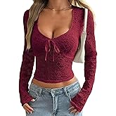 KWSTAIN Lace Tops for Women Sexy Long Sleeve Stretchy Floral V Neck Blouse Shirts Slim Fitted Going Out Crop Top with Bow Y2K