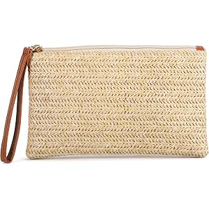 Straw Clutch Purse for Women, Bohemian Handbag with Zipper Wristlet, Ideal Vacation Summer Beach Clutch Purses Handmade Woven