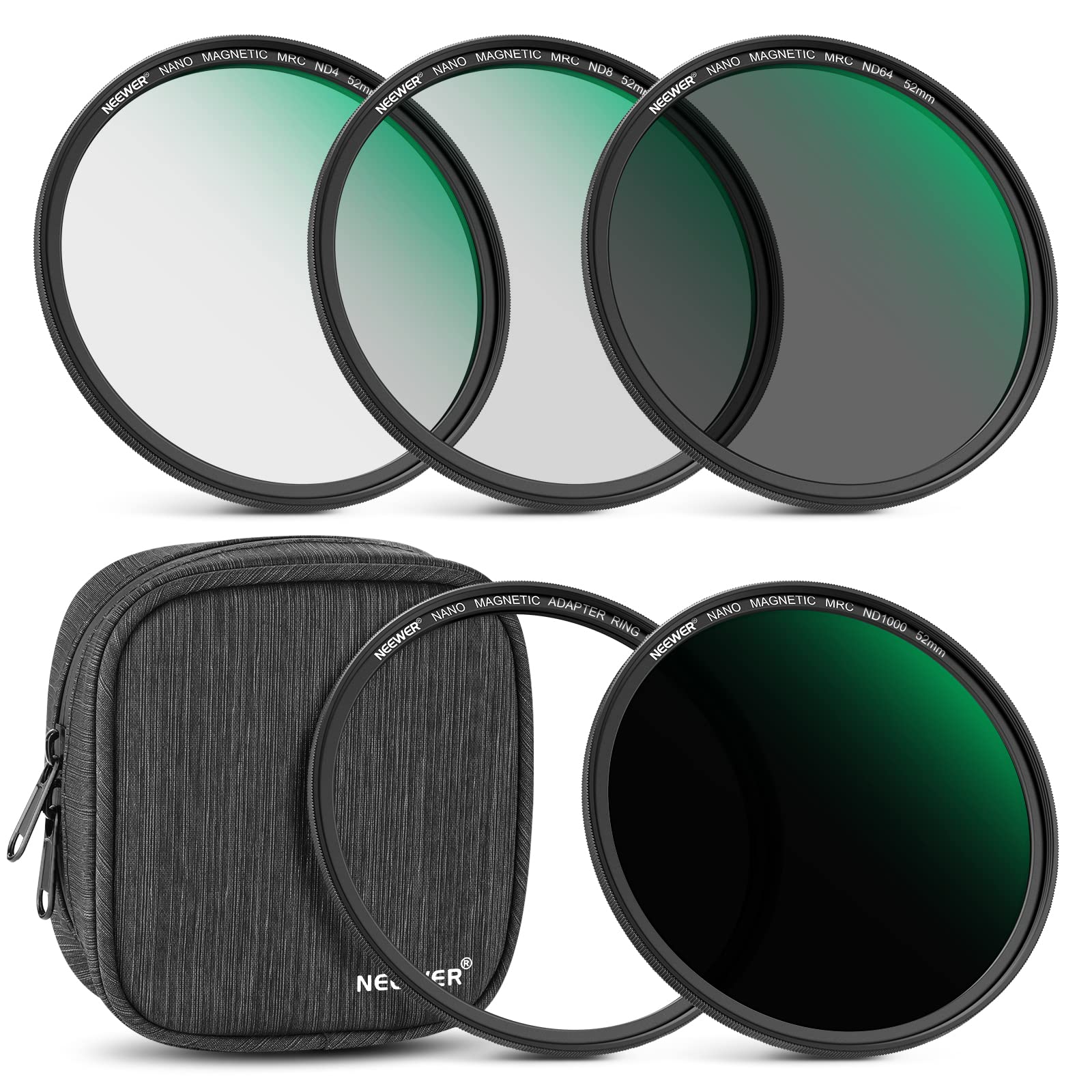 NEEWER 52mm Magnetic ND Lens Filter Kit, ND4 ND8 ND64 ND1000 Filters with Magnetic Adapter Ring & Filter Pouch, HD Optical Glass with 30 Layers Nano Coatings, Scratch/Water Resistant
