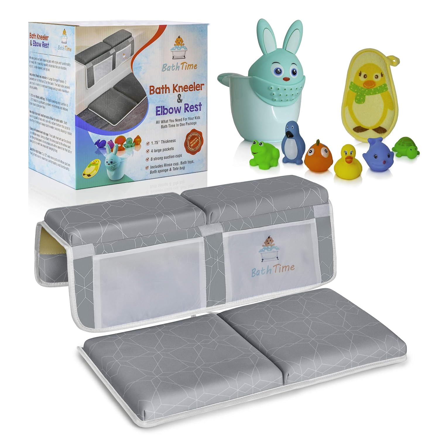 BathTime Bath Kneeler and Elbow Rest Pad - 1.75-Inch Knee & Arm Support Pads with 8 Suction Cups - Set Includes Storage Tote Bag, Bathing Sponge, Rinse Cup, Baby Toys - Portable Cushioned Accessories : Baby