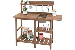 SERWALL Outdoor Potting Bench with Removeable Sink,Rot-Resistant HDPE Potting Table for Outside Gardening, All Weather Use - Brown
