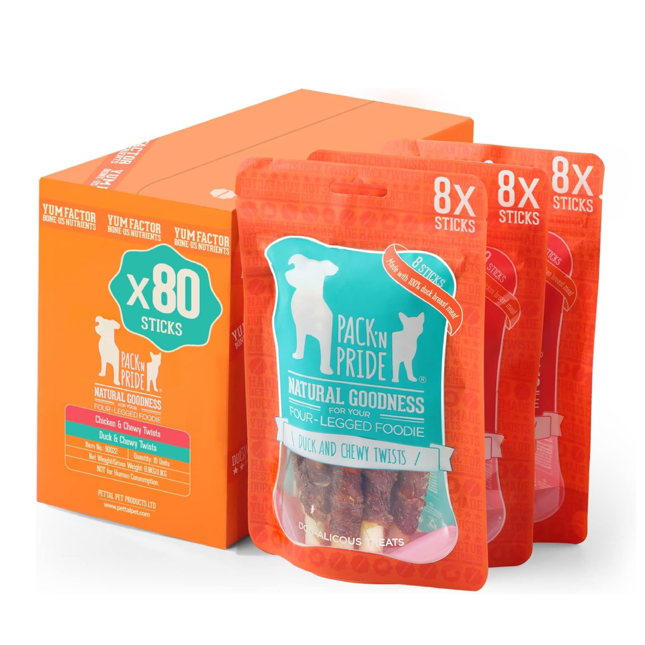 PACK'N PRIDE Dog Treats, 10 Pack*90g (900g) Dog Chews, Chewy Twists with Chicken&Duck, Low Fat Natural Treats for Small&Medium Dogs