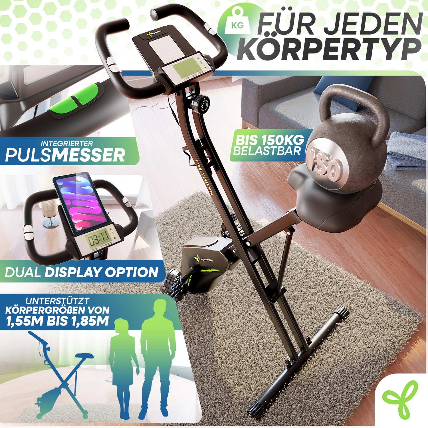 Neu Tretmann Hometrainer fahrrad Klappbar Set-extra bequem & leise- [RelaxFoam] bis 150KG Belastbar Ergometer, Heimtrainer fahrrad, Ergometer Heimtrainer Senioren, Fitnessbikes 6