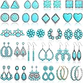 Huquary 24 Pairs Turquoise Earring Set for Women Bohemian Teardrop Dangle Stud Turquoise Round Metal Earrings Boho Vintage Oval Jewelry for Women Fashion Accessories Gifts (Ear Stud Style)