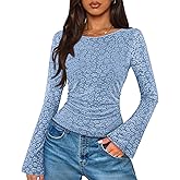 MEROKEETY Women's Bell Long Sleeve Shirts 2025 Fall Floral Going Out Tops Slim Fit Y2k Clothes Outifts