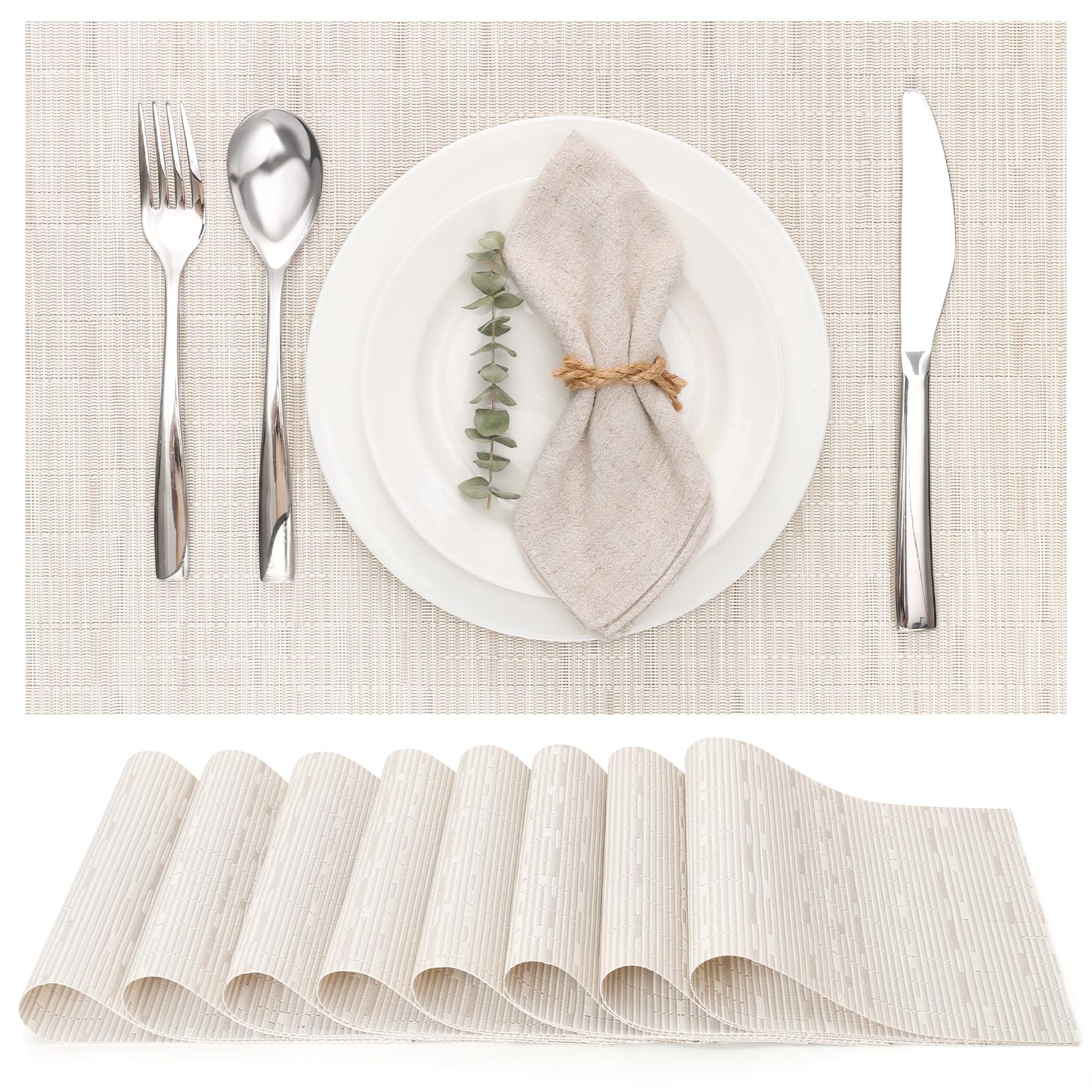 Myir JUN Table Mats Set of 8, Place Mats Table Placemats Washable Non-slip Heat Insulation Woven Vinyl for Kitchen Dinning Restaurant 17"X12" (Beige)