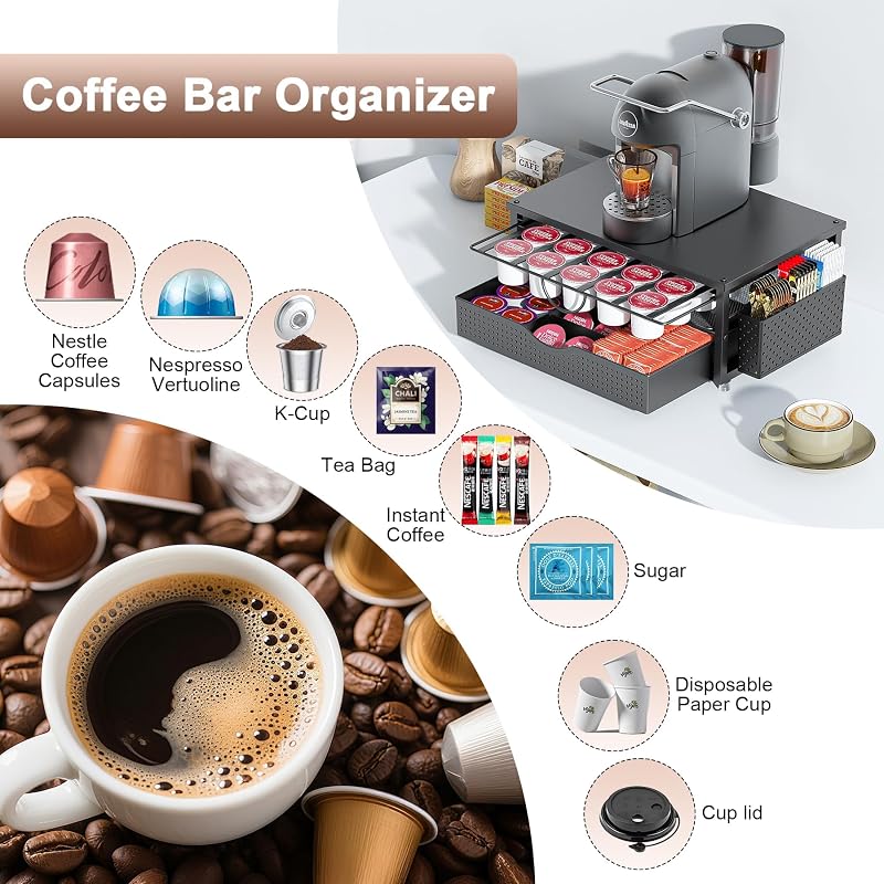 Support de dosettes de café K avec tiroir de rangement coulissant à 2 niveaux et 1 panier suspendu pour 51 grandes ou 73 petites capsules, accessoires de rangement pour comptoir, bureau, cuisine (noir