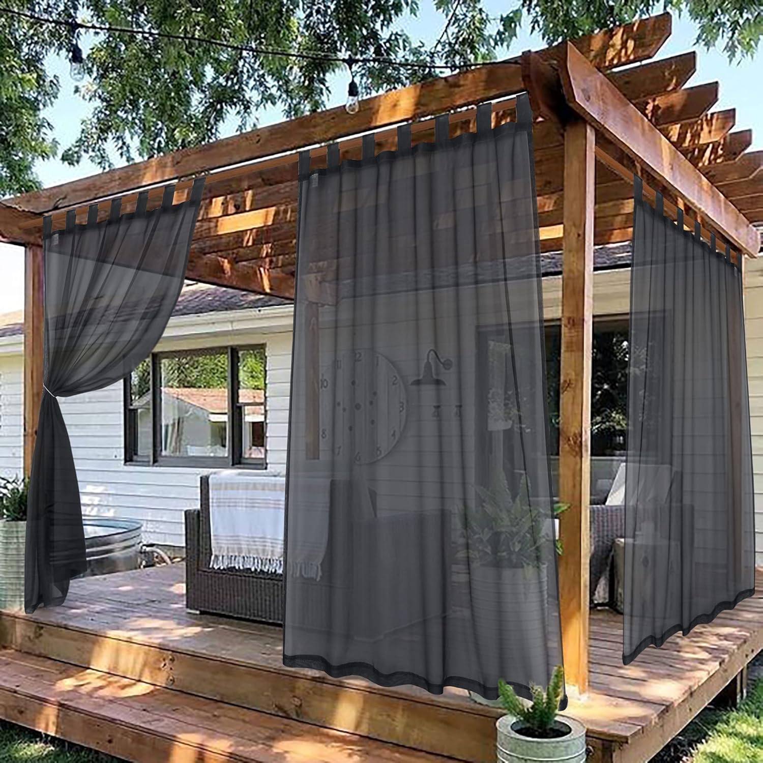 Outdoor Curtains - LORDTEX Outdoor Sheer Curtains for Patio - 2 Panels Tab Top Waterproof Indoor/Outdoor Voile Drapes for Living Room, Porch, Pergola, Cabana and Gazebo, Grey, 54x120 inch