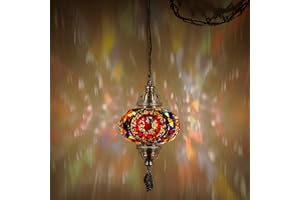 DEMMEX Authentic Turkish Plug in Pendant Light, 6.5" Big Size Globe, Made in Turkey, Turkish Moroccan Mosaic Ceiling Hanging Pendant Light Fixture Lamp, Swag Plug-in with 15ft Cord and Chain