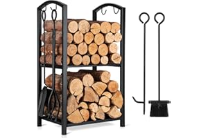 FEED GARDEN Firewood Rack Indoor Outdoor with Tools, 5-Piece Fireplace Tools Set, Fireplace Log Holder, Heavy-Duty Steel Firewood Storage Rack for Fireplace, Fire Pit, Wood Stove-Black, 29" H