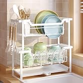 KOSIWU Dish Rack with Drainboard, Organizes Dishes and Bathroom Items | For Narrow Spaces, Two-Story Drying Rack Fits 12 Plates 12 Bows 5 Glasses 4 Hooks and Some Cutlery, White
