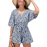 CUPSHE Women's Romper V Neck Half Sleeves Waist Boho Wide leg Jumpsuit Outfit Coverup Casual Vacation