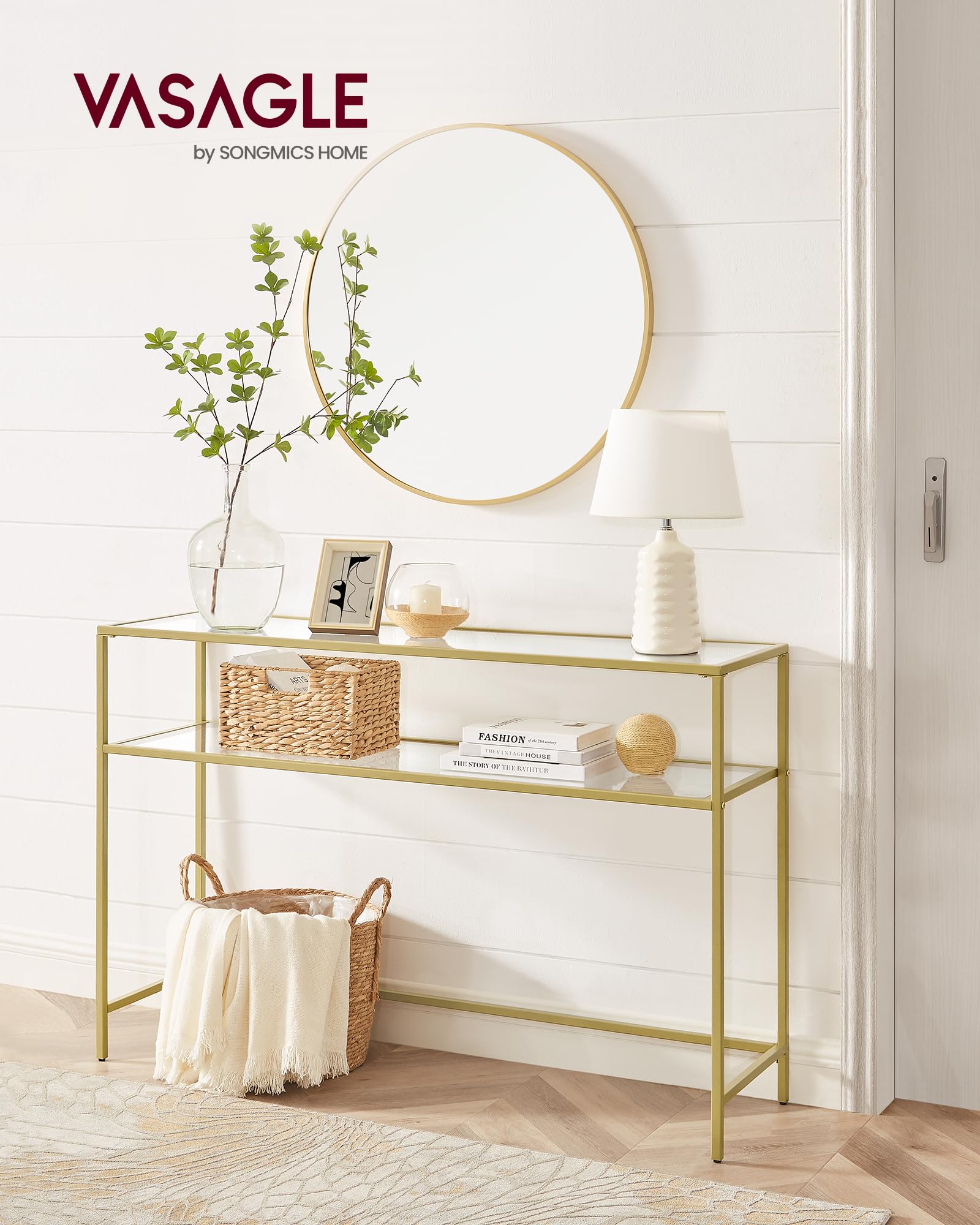 47.2 Inch Console Sofa Table, Modern Entryway Table, Tempered Glass Table, Metal Frame, 2 Shelves, Adjustable Feet, for Living Room, Hallway, Gold Color ULGT045A61 VASAGLE 47.2 Inch Console Sofa Table, Modern Entryway Table, Tempered Glass Table, Metal Frame, 2 Shelves, Adjustable Feet, for Living Room, Hallway, Gold Color ULGT045A61