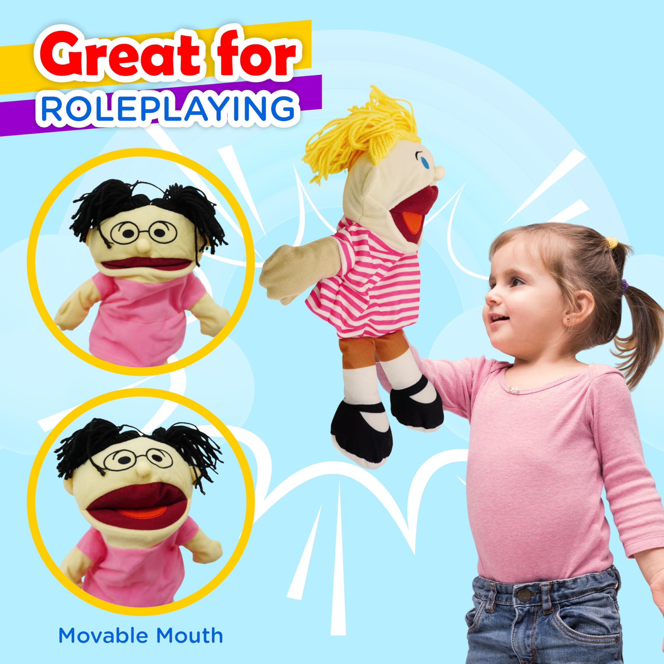 4E's Novelty Multicultural Hand Puppets for Kids - 8 Pack with Movable Mouth, Bulk Soft Plush Puppets for Kids Ages 4-8, for School Home Theater Shows, Teachers Classroom Supplies