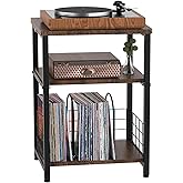 Tuohours Record Player Stand, 3 Tier Side End Table with Vinyl Record Storage Basket, Turntable up to 100 Albums Record Shelf