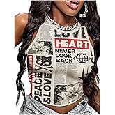 SOLY HUX Women's Y2k Tops Vintage Graphic Tank Top Sleeveless Tight Fitted Shirt Summer Concert Rave Outfits Beige Newspaper Small