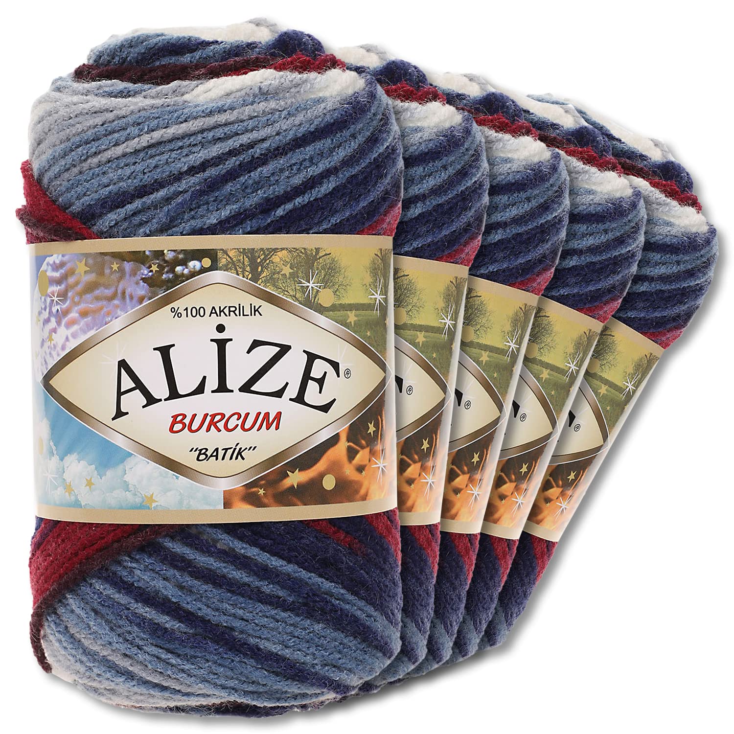 Alize 5 x 100 g Balls of Burcum Batik Premium Wool, 100% Acrylic, 29 Colours, Colour Gradient Accents, Crochet Knitting, Clothing (2978)