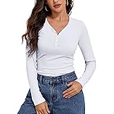 PrettyGuide Women's Cotton Long Sleeve Shirts Casual V Neck Henley Tops Slim Fit Fall Basic Tees T Shirt
