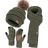 Remifa Winter Beanie Hat Scarf Gloves Set for Women, Slouchy Pom Pom Hat Long Knit Scarf Touchscreen Gloves Christmas Gifts